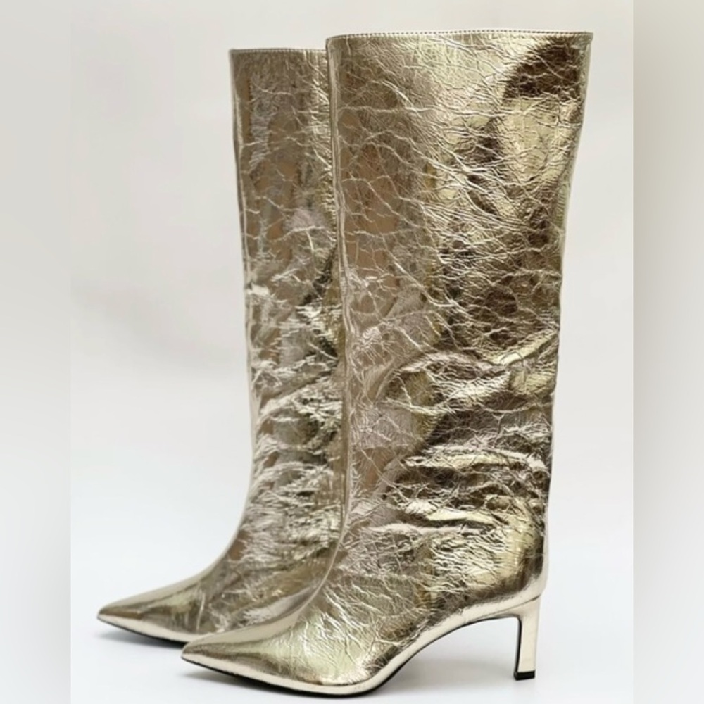Zara METALLIC HIGH-HEEL BOOTS. Golden. Size 6. New with Tags. - Picture 6 of 7
